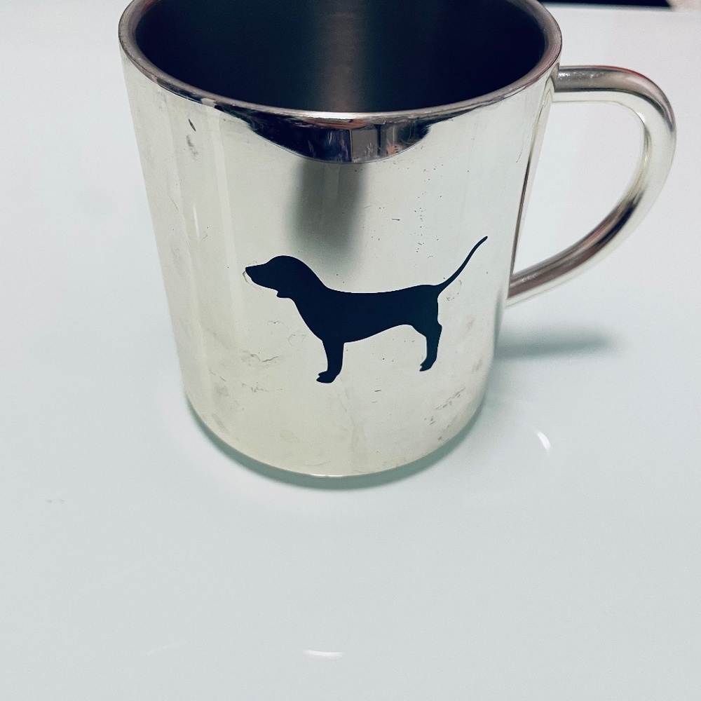 SOLD ❌ Victoria Secret Pink Coffee Cup Tea Mug Silver Metal Dog Stainless Steel